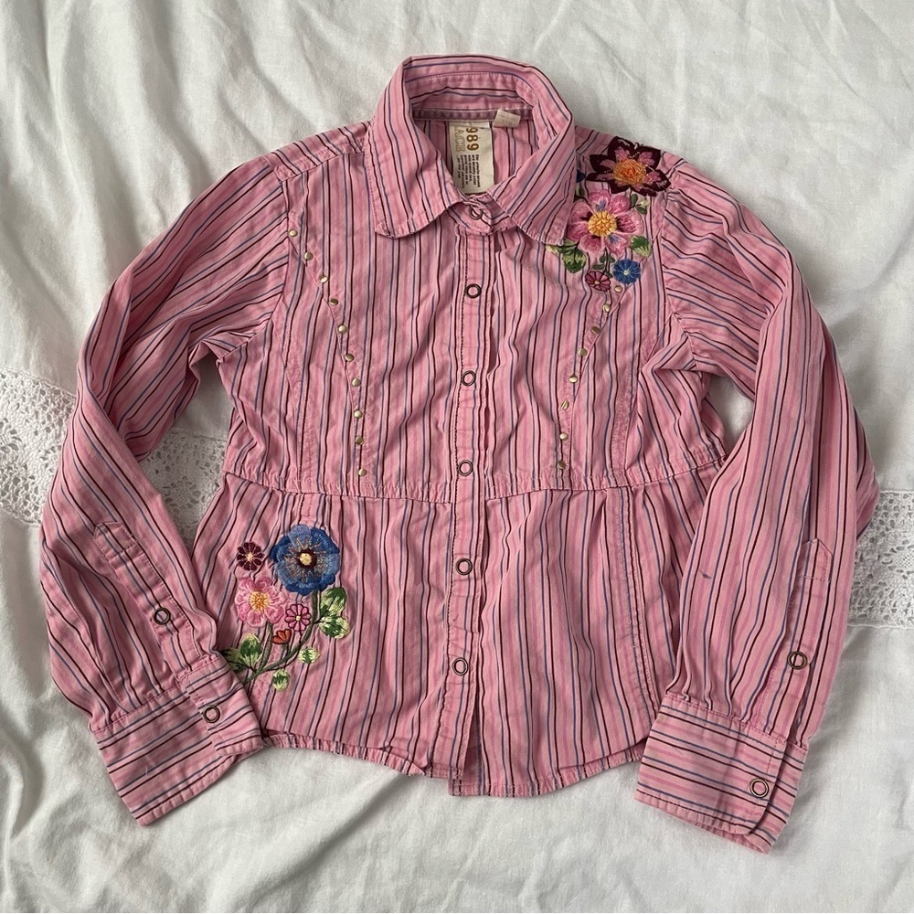 The Childrens Place Medium 7/8 Shirt pink snap Button embroidered western